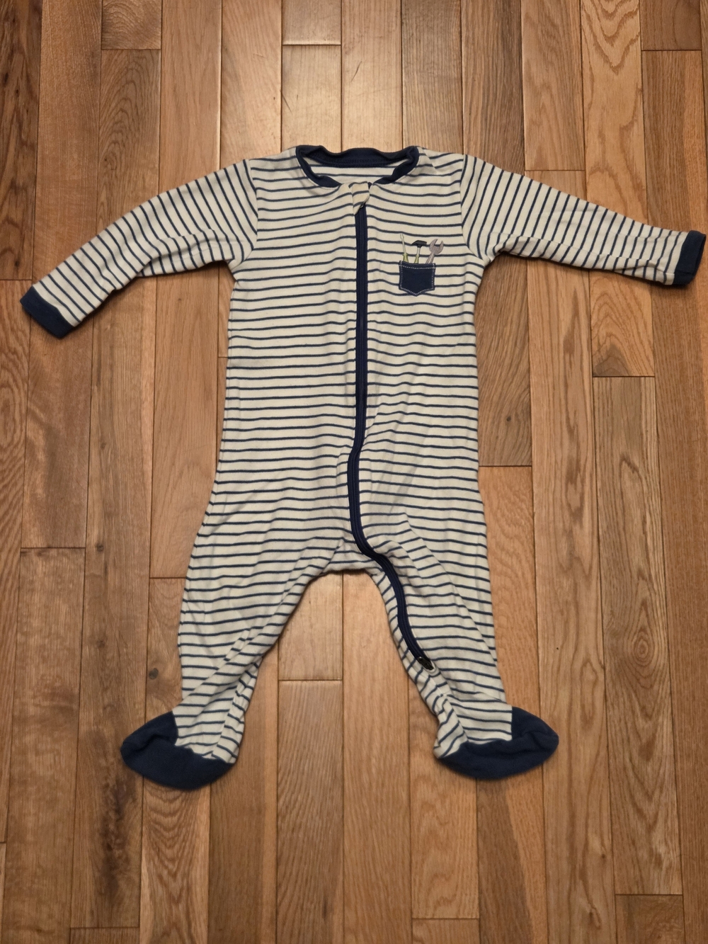 5/$20 Tuffy 9M Striped Navy Footed ZipUp Onsie Sleeper Pajamas w Cute Tool Print